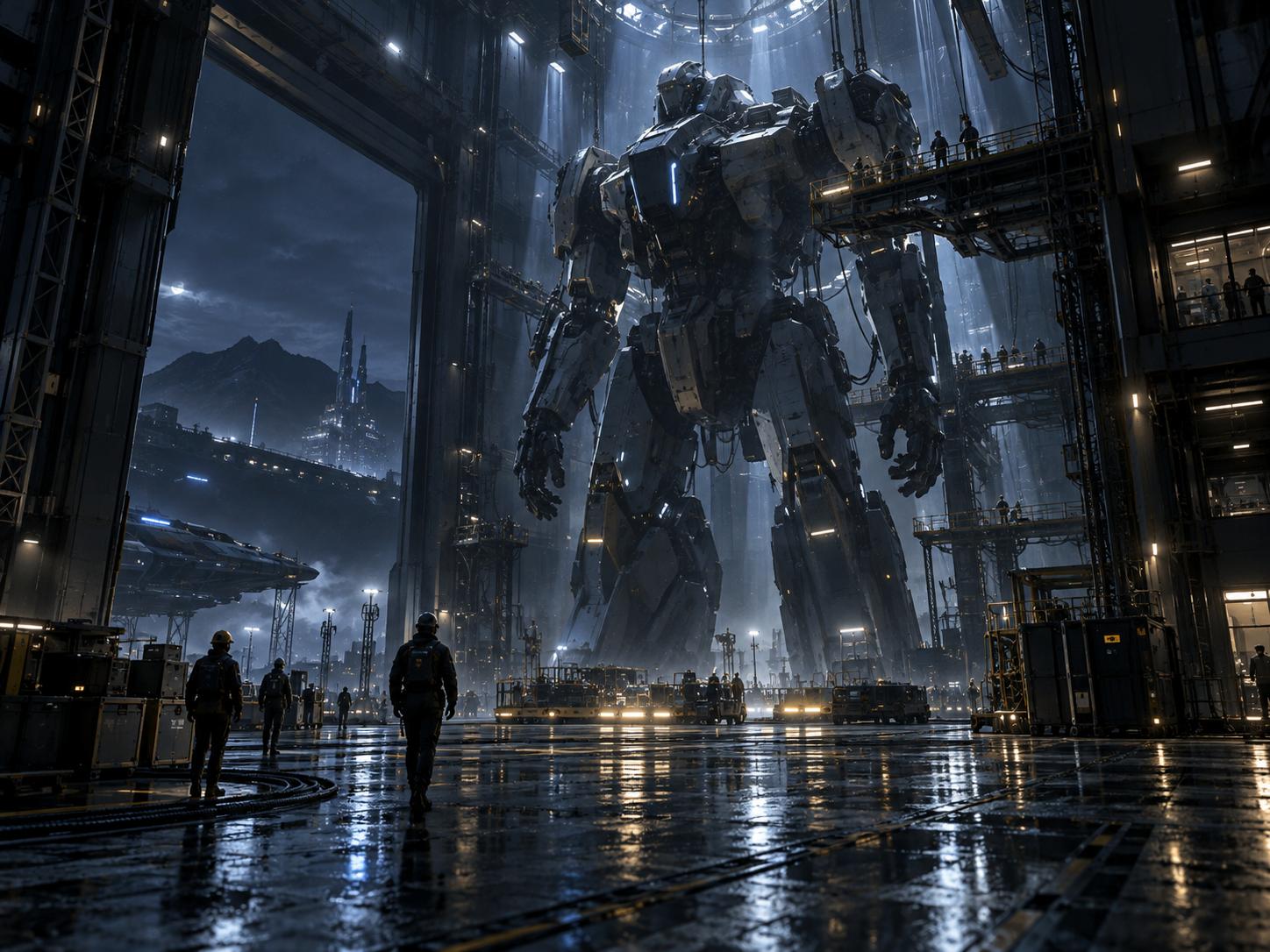 Industrial development bay with a large prototype mech and engineering team