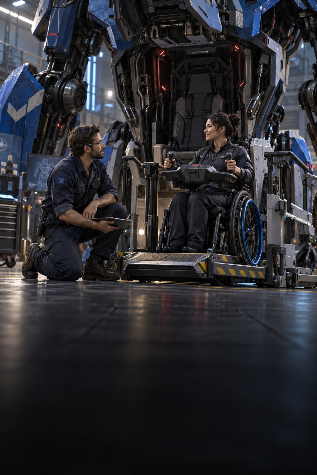 A wheelchair user and engineer beside an accessible mech cockpit