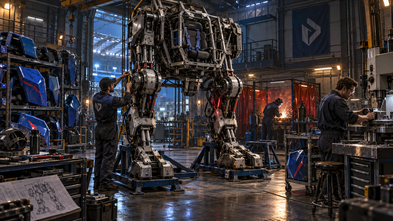 Engineers fabricating a partially assembled piloted machine in a workshop