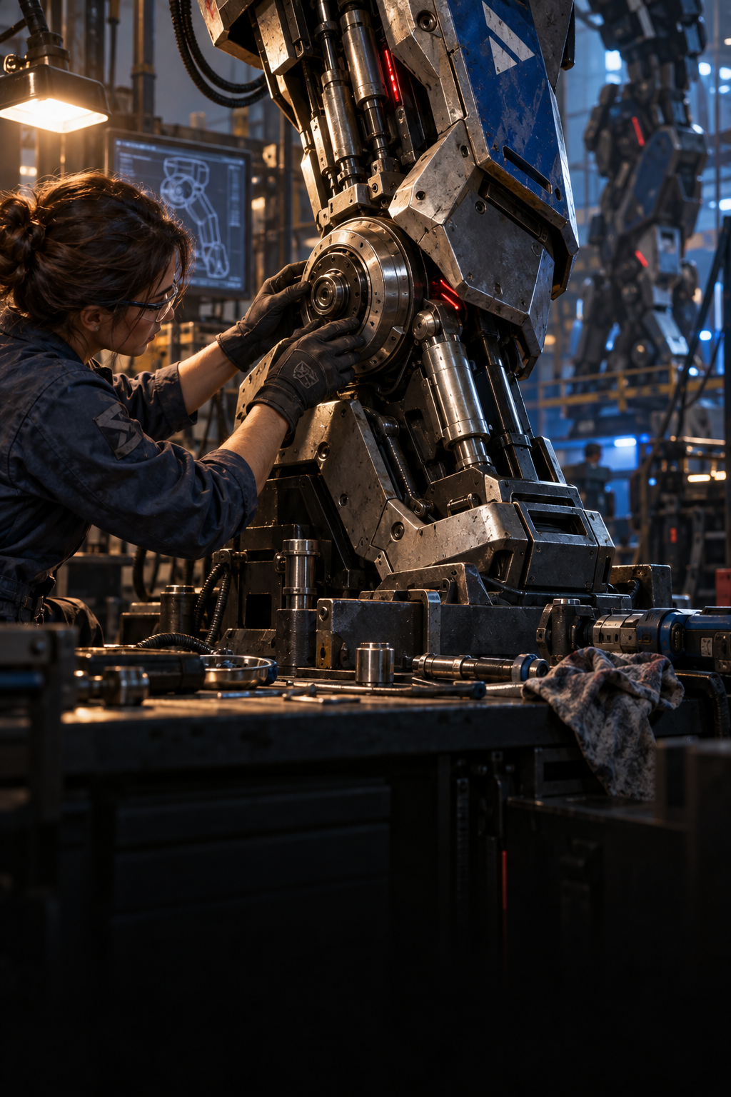 An engineer working on a large mechanical joint