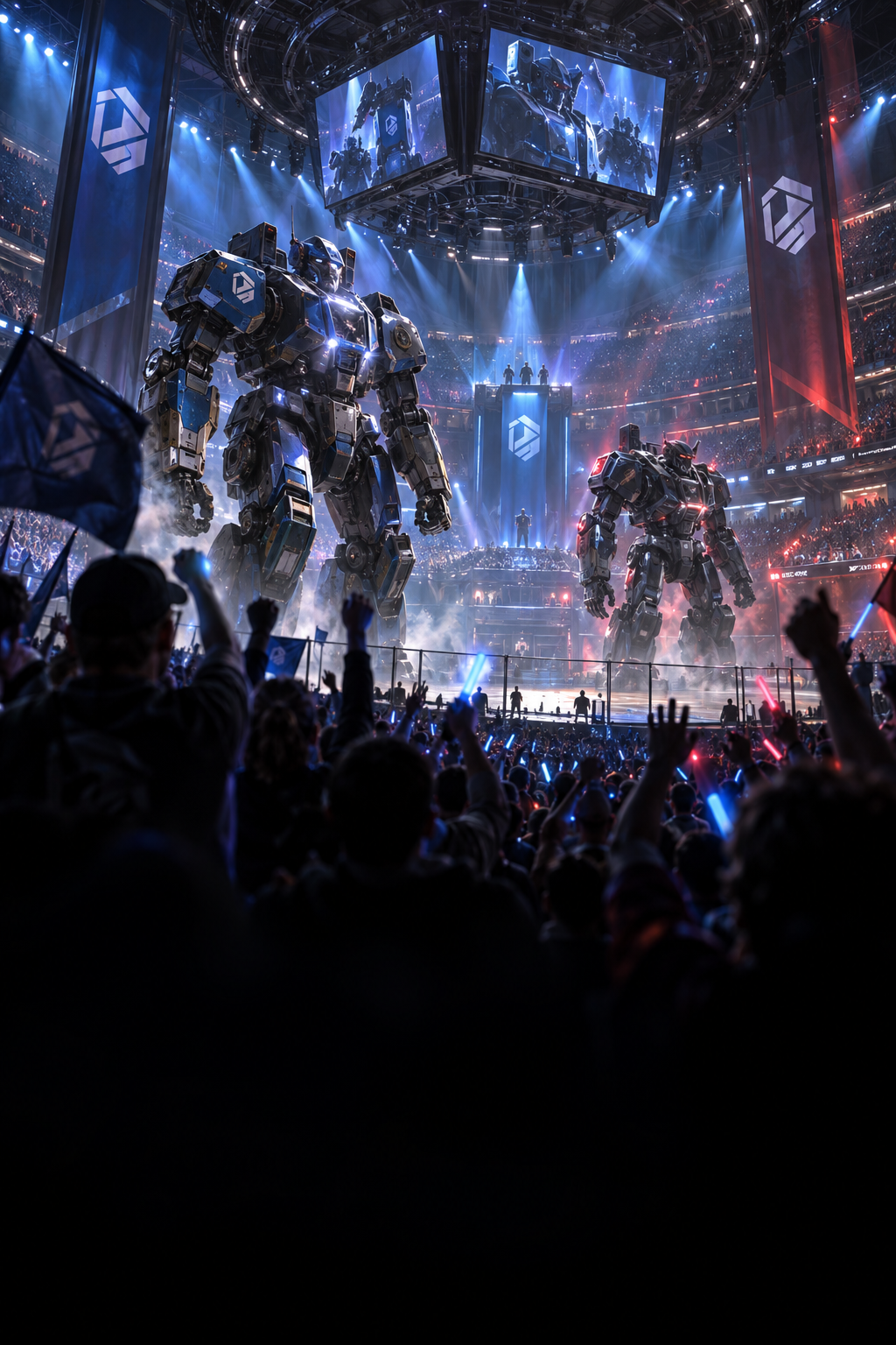 Spectators watching a mech under arena lights
