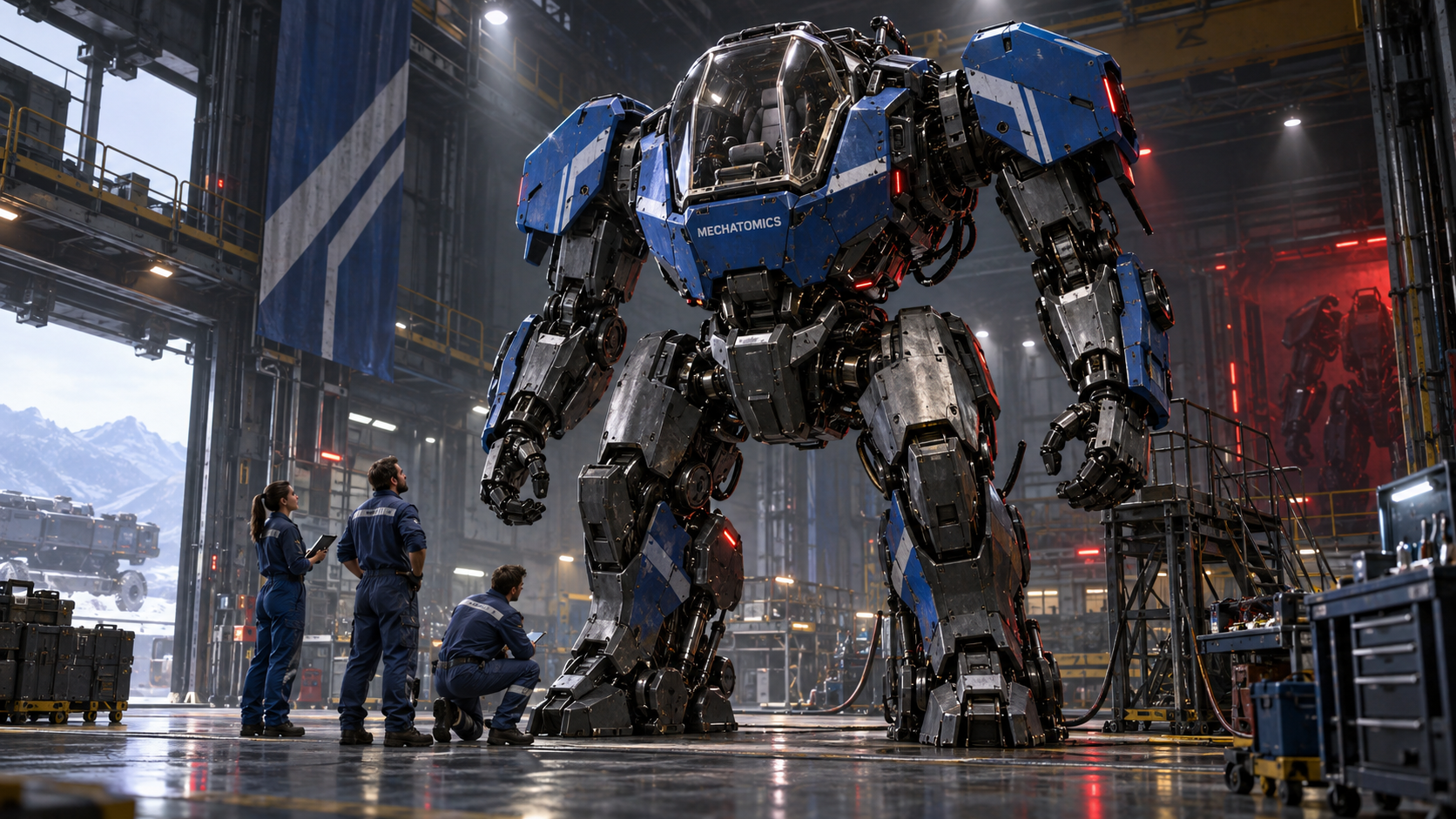 Concept artwork of the blue MechAtomics machine with its engineering team