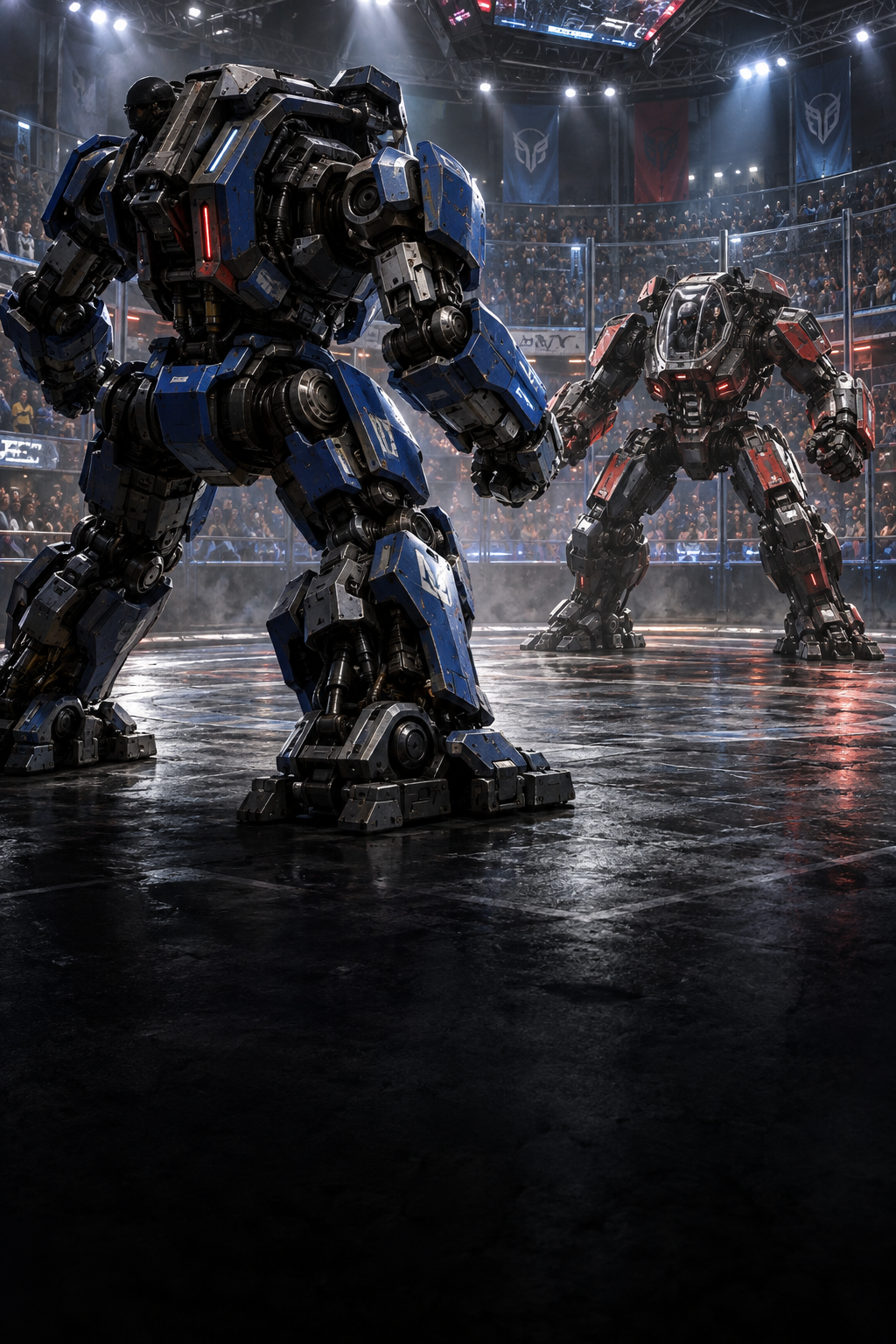 Two piloted competition mechs facing each other in an arena