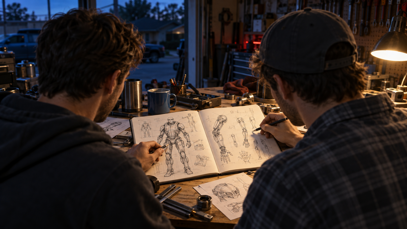 Concept illustration of two brothers sketching powered armor at a workshop desk